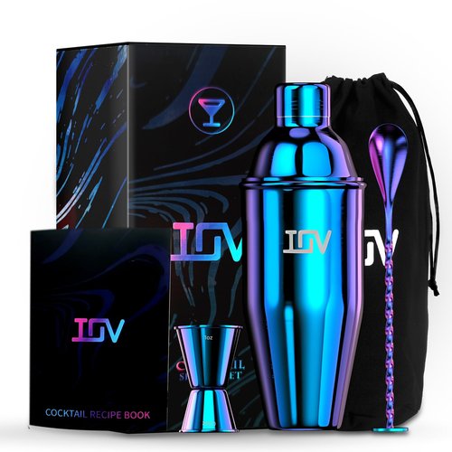 IOV Cocktail Shaker Bar Set, 24oz Martini Shaker with Built-in Strainer, Bar Tool Kit with Recipes Booklet, Professional Stainless Steel Large Bartender Drink Shaker Margarita Alcohol Mixer-Rainbow