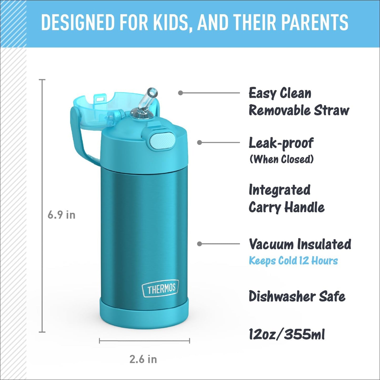 THERMOS FUNTAINER Water Bottle - 12 Ounce Kids Stainless Steel Vacuum Insulated with Straw | Teal