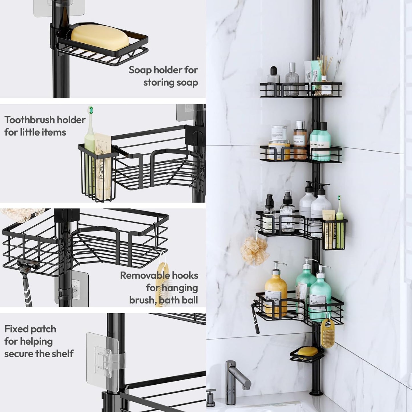 SWTYMIKI Shower Caddy Tension Pole - 4-Tier Adjustable Bathroom Organizer with Soap & Toothbrush Holders | Black 27.6-108.3 Inch