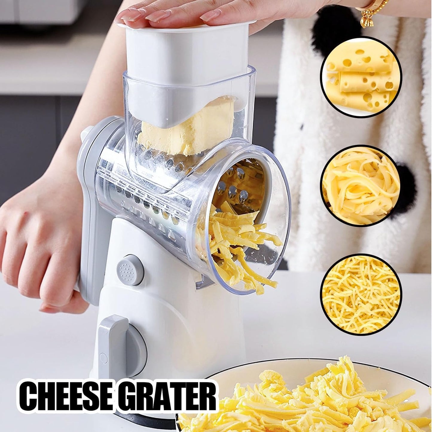 RAINBEAN Rotary Cheese Grater - Hand Crank Shredder with 3 Blades & Strong Suction Base for Veggies & Fruits