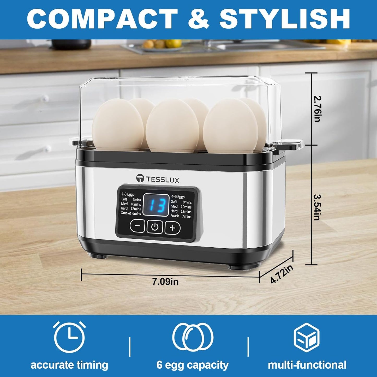 Skiennix Electric Egg Cooker - 6 Egg Capacity for Hard Boiled, Poached, Scrambled Eggs | Auto Shut Off, Silver