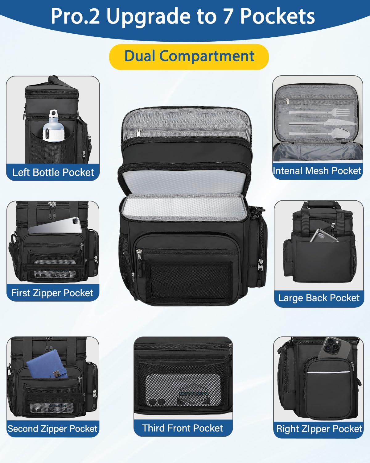 Skiennix Expandable Lunch Box Cooler Bag - Insulated Heavy-Duty Design for Men & Women | Large 15L Black Lunchbox for Work & Picnics