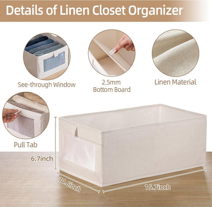 Pradnel Linen Closet Organizers - 4 Pack Foldable Storage Bins with Clear Window for Clothing & Jeans