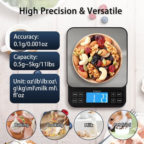BOMATA Large Kitchen Scale - High Precision 0.1g/0.001oz | USB Rechargeable, Stainless Steel, 5kg/11lb Capacity