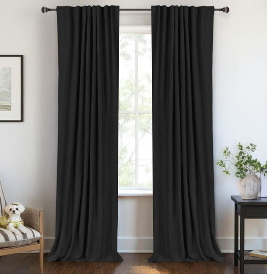 Skiennix 100% Blackout Linen Curtains - Thermal Insulated Drapes for Bedroom | 2 Panels, 50" W x 72" L, Black