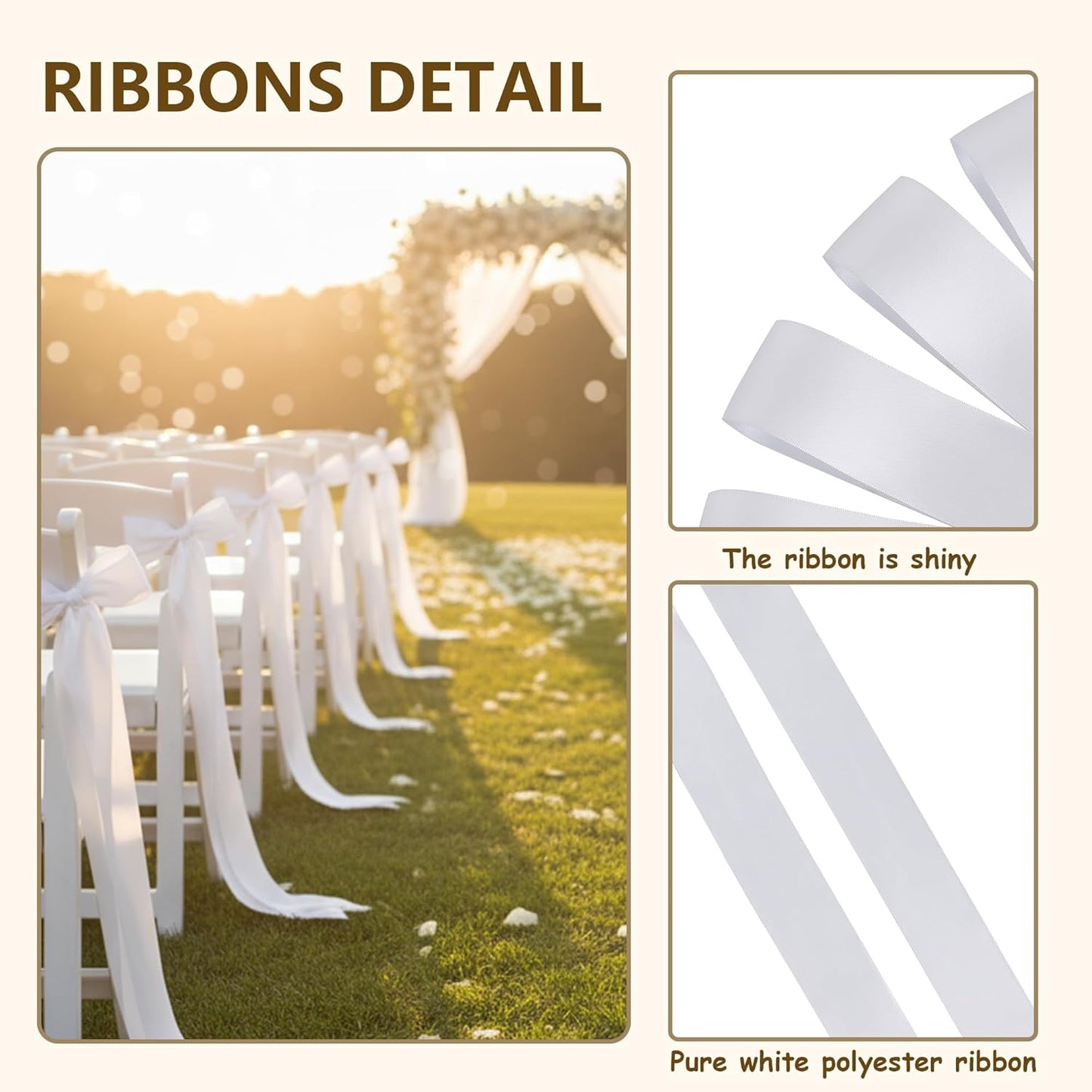 Skiennix 30 Pcs Satin Chair Sashes - 90.55x1.96 Inch Wedding Ribbons for Aisle Decor | White