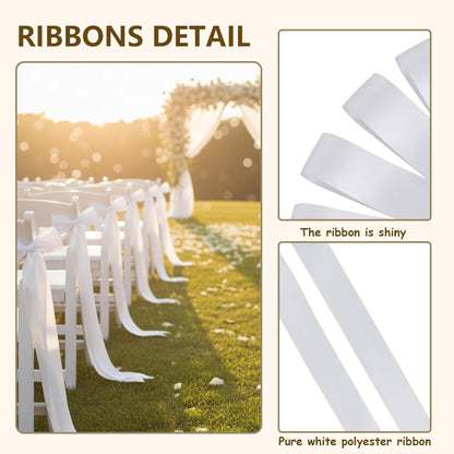 Skiennix 30 Pcs Satin Chair Sashes - 90.55x1.96 Inch Wedding Ribbons for Aisle Decor | White