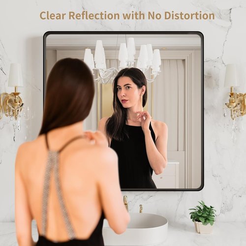 LOAAO Black Metal Framed Bathroom Mirror - 38x38 Inch Rounded Rectangle, Anti-Rust Tempered Glass, Versatile Hanging Options
