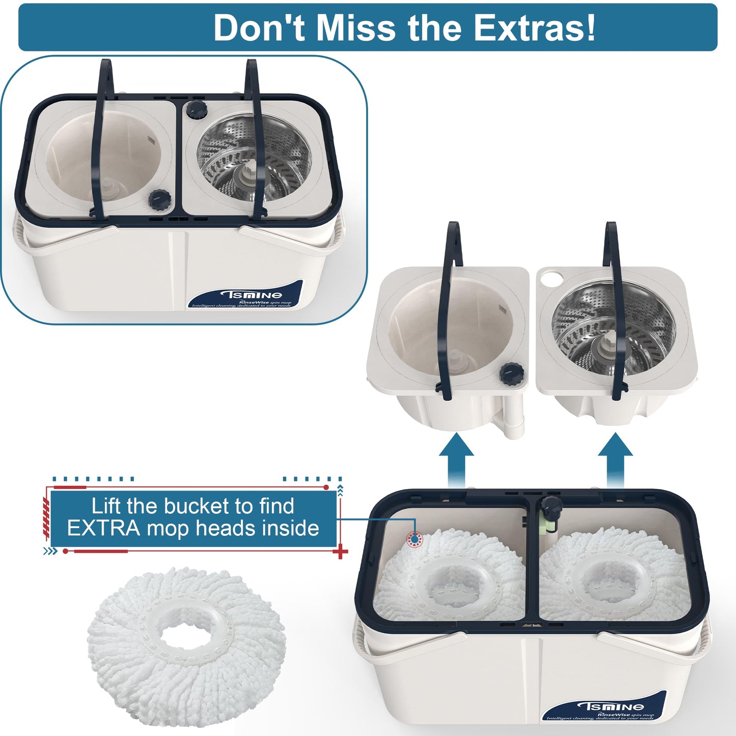 Mop and Bucket with Wringer Set for Home, Spin Mop and Bucket Separates Dirty and Clean Water,4-Chamber Mop Bucket, Best Household Cleaning Tools with 6 Replacement Mop Heads,4X Wheel