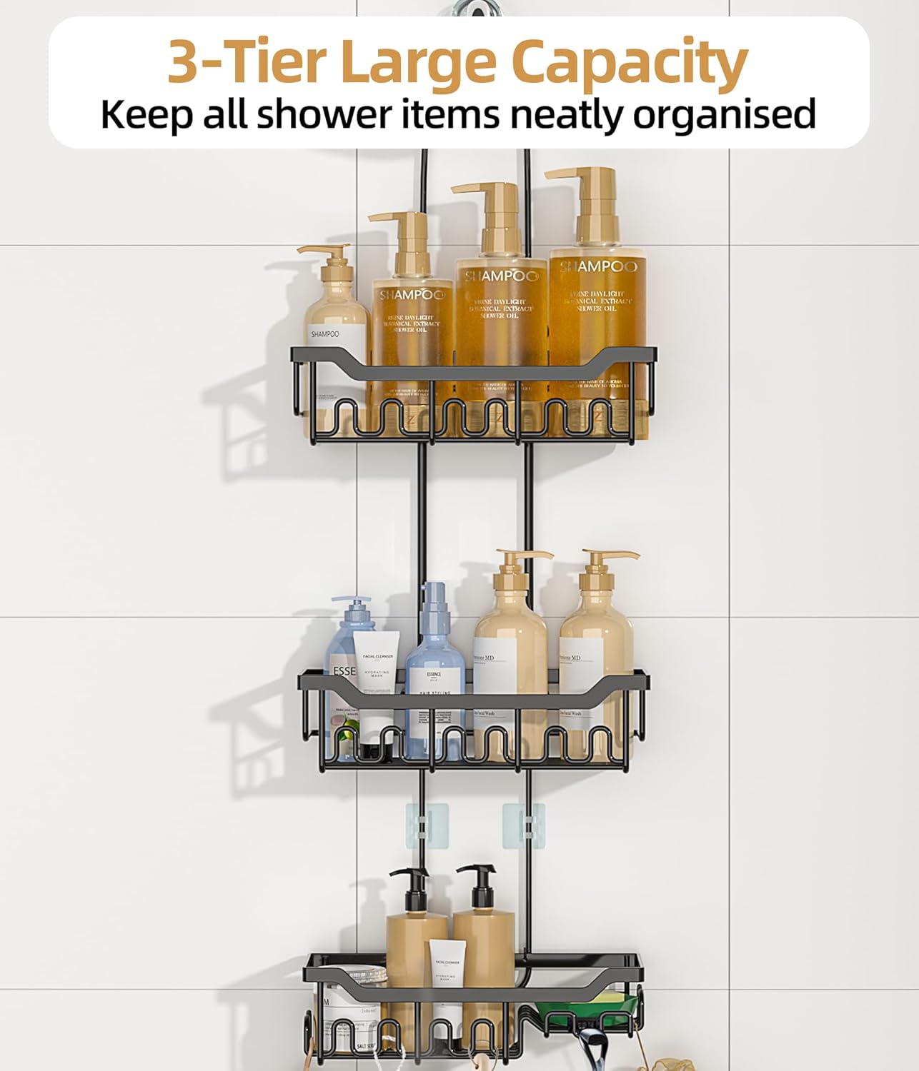 Skiennix Adjustable Shower Caddy - 3-Tier Over Shower Head Organizer with Soap Holder, Black