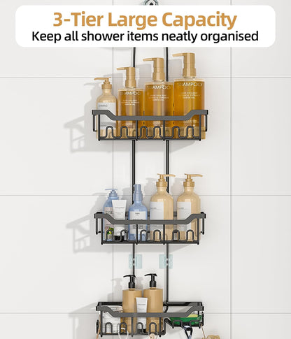 Skiennix Adjustable Shower Caddy - 3-Tier Over Shower Head Organizer with Soap Holder, Black