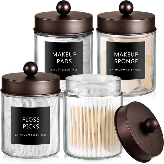 SheeChung Qtip Dispenser Holder Set - 4 Glass Apothecary Jars with Bronze Lids | Bathroom Storage Organizer