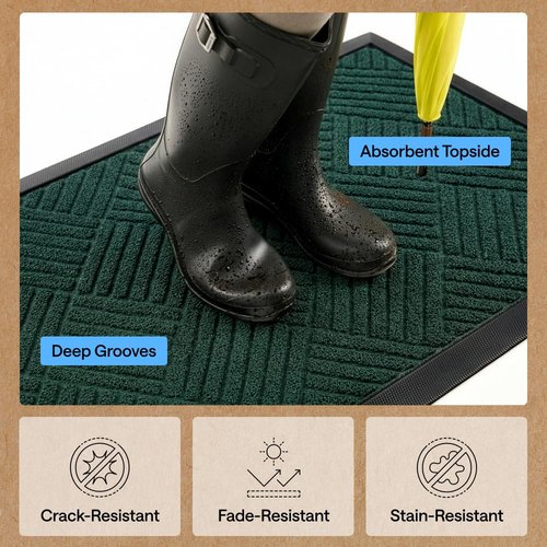 GORILLA GRIP 100% Waterproof All-Season WeatherMAX Doormat US Designed Natural Rubber, Stain and Fade Resistant, Low Profile Indoor Outdoor Door Mats, Easy Clean Patio Mat, 23x35, Green Diamond