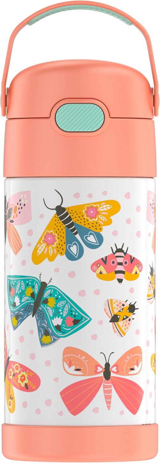THERMOS FUNTAINER F4101 Stainless Steel Kids Bottle - 12 Ounce, Butterfly Design for Easy Hydration