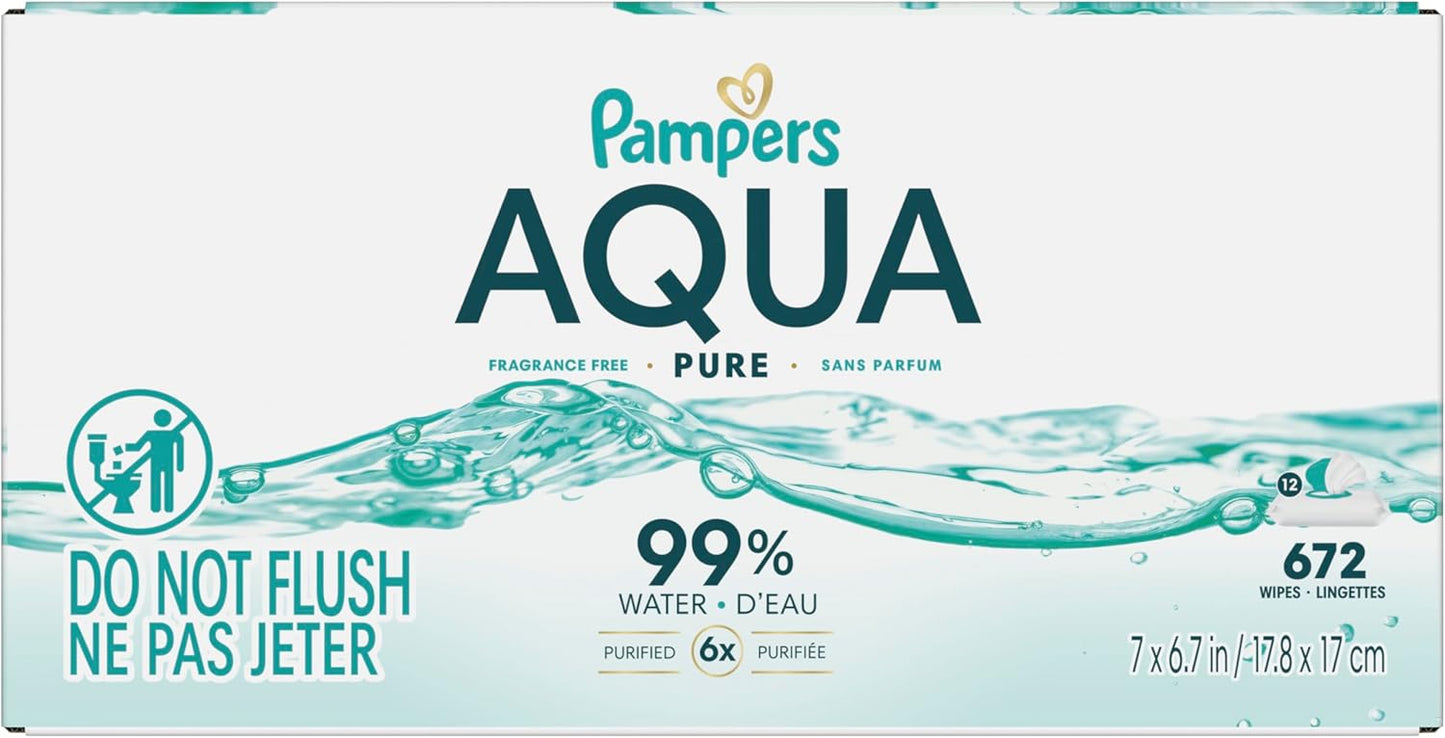 Pampers Aqua Pure Baby Wipes - 99% Water, Fragrance-Free, 672 Total Wipes (12 Flip-Top Packs)