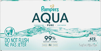 Pampers Aqua Pure Baby Wipes - 99% Water, Fragrance-Free, 672 Total Wipes (12 Flip-Top Packs)