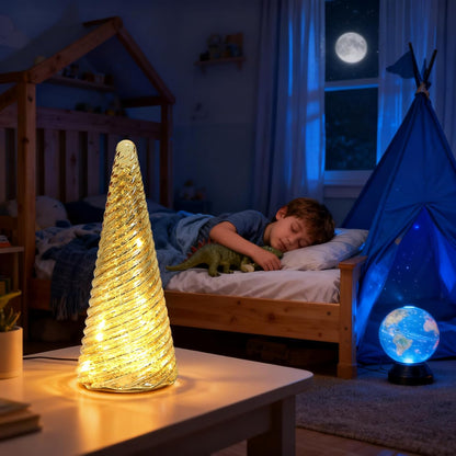 Mercury Glass Christmas Tree Decorations - LED Light Tabletop Decor for Home | Battery Operated with Timer