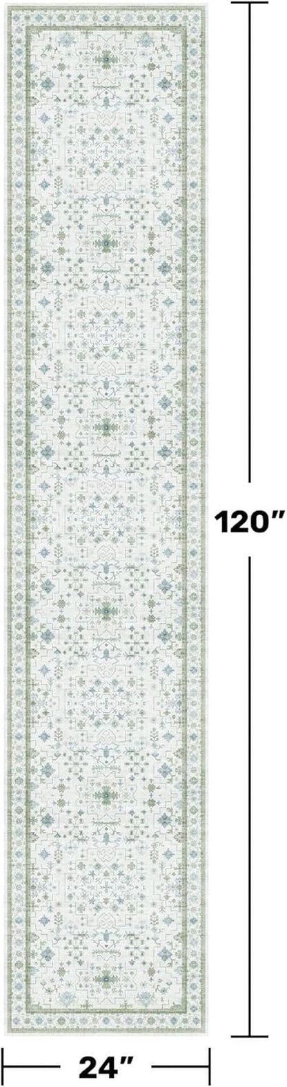 Hazo Haus Oushak Runner Rug - Floral Pastel Boho Design, Washable Low Pile, 2x10 ft - Cream, Blue & Green
