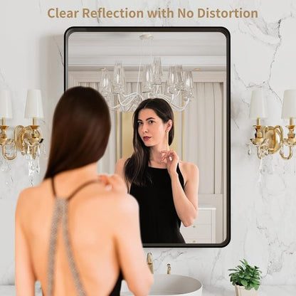 LOAAO Black Metal Framed Bathroom Mirror - Large Rounded Rectangle, Anti-Rust, 20x16 Inch, Matte Finish