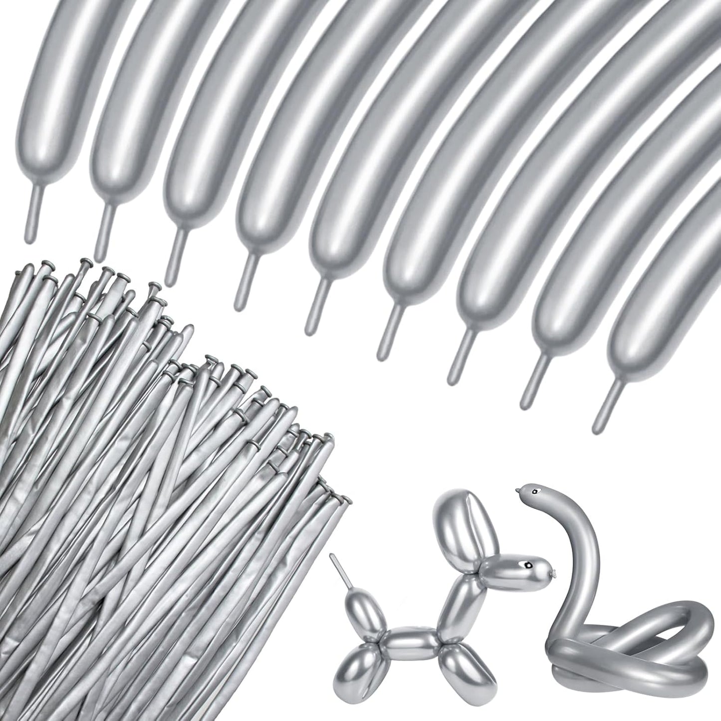 Skiennix 100Pcs Metallic Silver Long Balloons - Skinny Latex Twisting Balloons for Animal Modeling & Party Decor