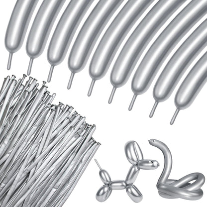 Skiennix 100Pcs Metallic Silver Long Balloons - Skinny Latex Twisting Balloons for Animal Modeling & Party Decor