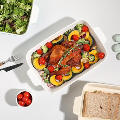 Sweejar Ceramic Baking Pan - 13 x 9 Porcelain Dish for Brownies & Lasagna | Oven Safe with Handle (White)