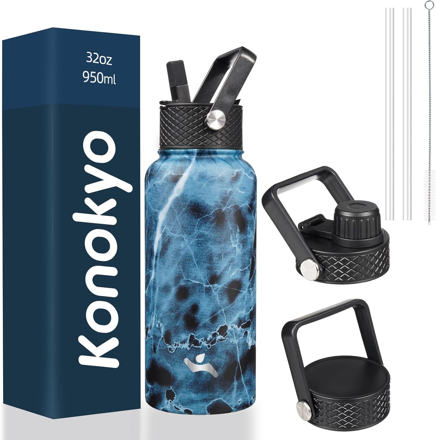 Skiennix 32 oz Insulated Stainless Steel Water Bottle - Marble Ocean Design with 3 Lids