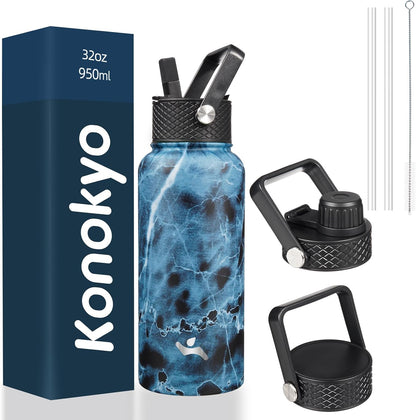 Skiennix 32 oz Insulated Stainless Steel Water Bottle - Marble Ocean Design with 3 Lids