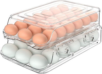Skiennix Egg Holder - Foldable Automatic Rolling Container for Refrigerator | Large-Capacity, Clear Plastic (3 Dozen)