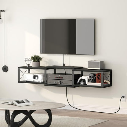 MAHANCRIS 43.7” Floating TV Stand with Power Outlet, Wall-Mounted Entertainment Center, Floating Metal Frame Media Console Shelf for Under TV Storage, for Living Room, Bedroom, Black TVHB101E01