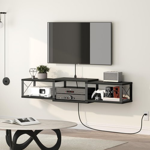 MAHANCRIS 43.7” Floating TV Stand with Power Outlet, Wall-Mounted Entertainment Center, Floating Metal Frame Media Console Shelf for Under TV Storage, for Living Room, Bedroom, Black TVHB101E01