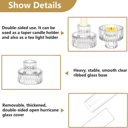 Hurricane | Taper Candle Holders - Set of 6 Clear Glass Candlesticks, 11.8" Tall for Weddings & Events