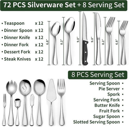 CEKEE Stainless Steel Silverware Set - 80 Pieces Flatware with Serving Utensils for 12 | Heavy-Duty, Dishwasher Safe