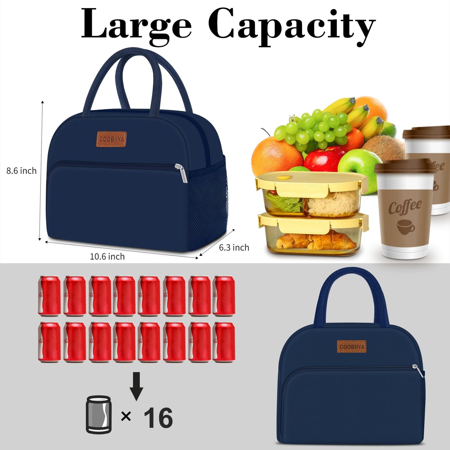 Coobiiya Lunch Bag for Men and Women - Navy Blue, Aluminum, 10.8" x 6.3" x 8.85" - Spacious, Lightweight, and Durable