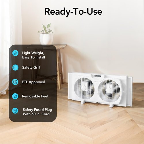 Comfort Zone 9-Inch 3-Speed Reversible Twin Window Fan – Dual Blade Window Exhaust Fan with Auto-Locking Expanders, 22.25" to 33" Wide – Tabletop Feet & Removable Bug Screen included