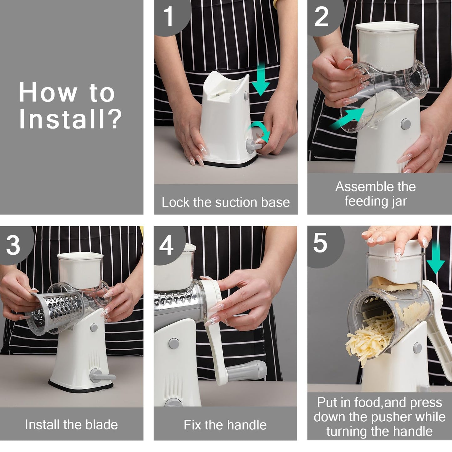 Rotary cheese grater - hand-cranked,5in1 washable & easy to clean - perfect for chefs, cuts cheese, veggies, fruits, nuts, crackers - upgraded model with strong suction-Hand Crank Cheese Grater