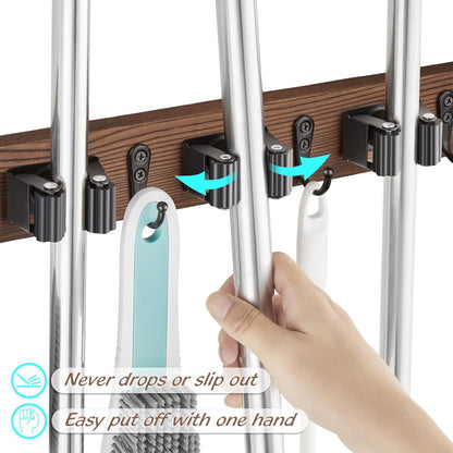 OUTNILI Mop Broom Holder Wall Mount - 2 Pack with 3 Slots & 4 Hooks for Kitchen Organization | Rustic Wood Design