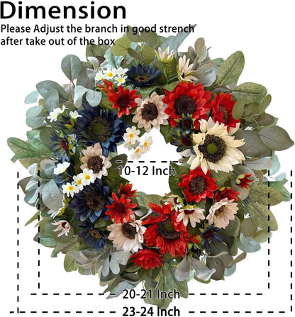 WANNA-CUL 24-Inch Patriotic Sunflower Wreath - Red, White & Blue 4th of July Door Decor