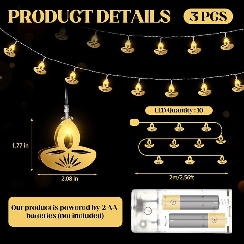 3 Pack 20 ft Diwali String Lights with 30 Warm White LEDs