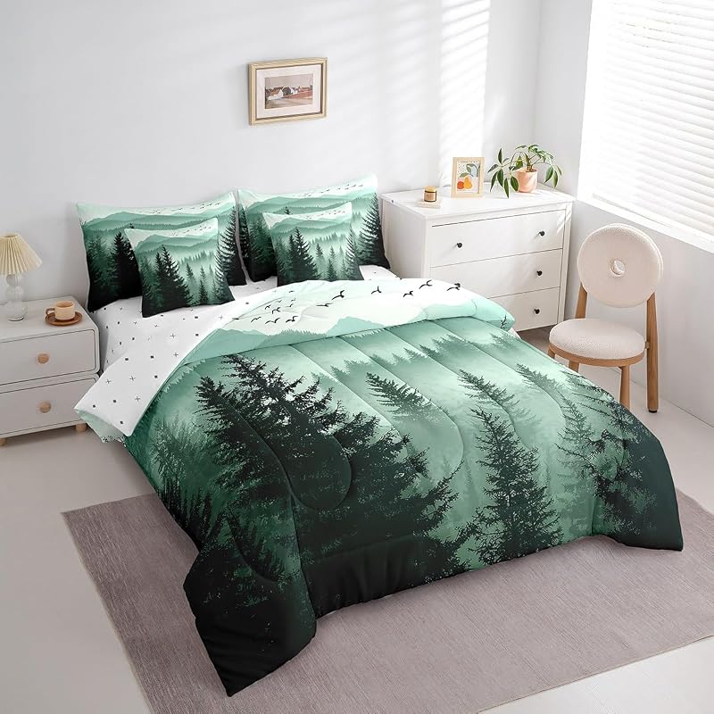 Olive Green 7-Piece Full Comforter Set with Sheets - Mountain Pattern (Variation: Dark Green+Full)