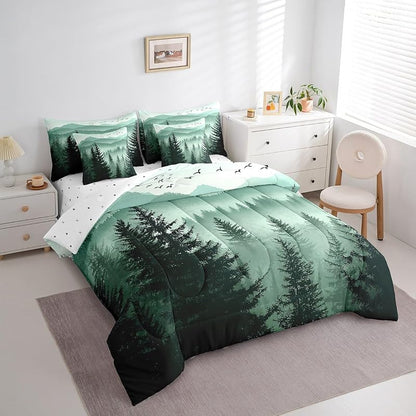 Olive Green 7-Piece Full Comforter Set with Sheets - Mountain Pattern (Variation: Dark Green+Full)