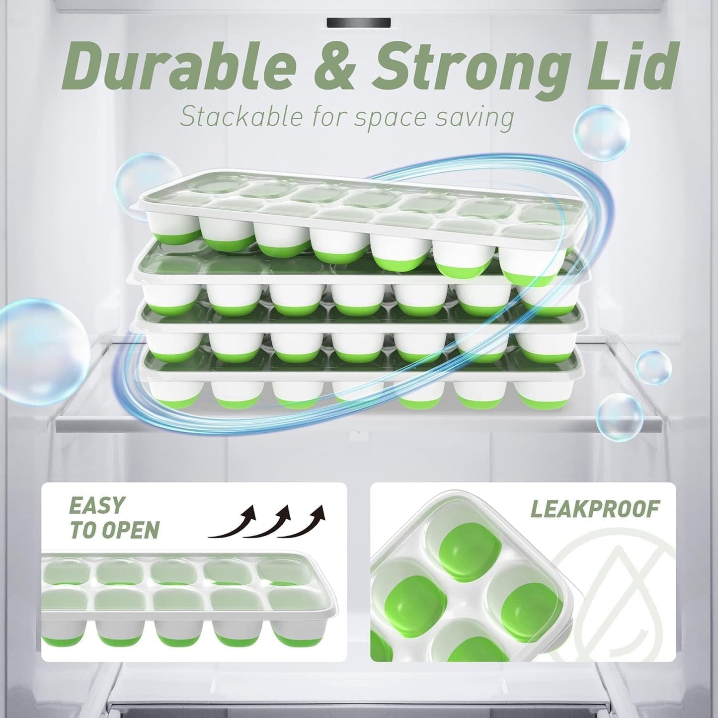 Skiennix Ice Cube Tray Set - 4 Pack Silicone Trays with Lid & Bin for Easy Freezing | Green