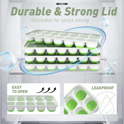 Skiennix Ice Cube Tray Set - 4 Pack Silicone Trays with Lid & Bin for Easy Freezing | Green