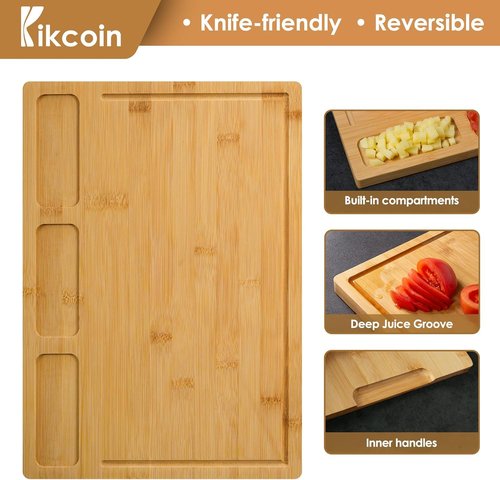 Kikcoin Bamboo Cutting Boards Set - Heavy Duty Kitchen Chopping Boards with Juice Groove & Compartments (3-Piece)