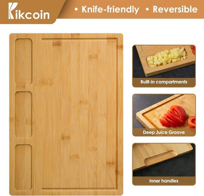 Kikcoin Bamboo Cutting Boards Set - Heavy Duty Kitchen Chopping Boards with Juice Groove & Compartments (3-Piece)