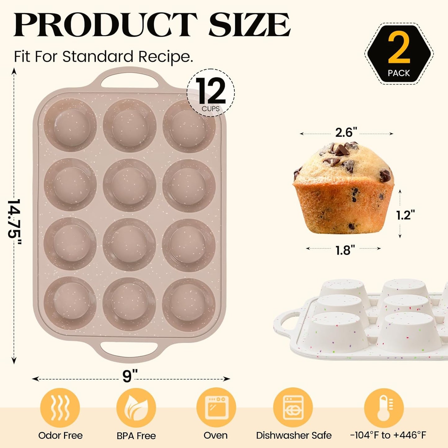 Vinino Silicone Muffin Pans - 2-Pack Nonstick Baking Molds with Metal Reinforced Frame | 12 Cups, BPA-Free