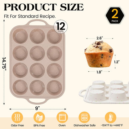 Vinino Silicone Muffin Pans - 2-Pack Nonstick Baking Molds with Metal Reinforced Frame | 12 Cups, BPA-Free