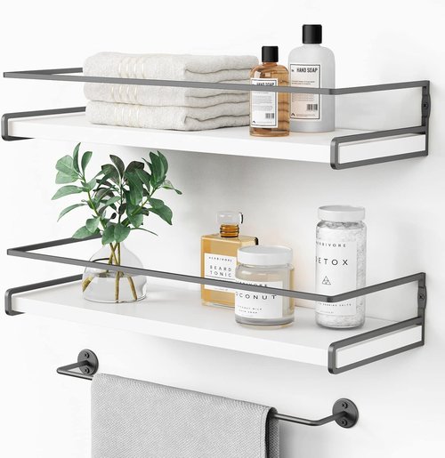Forbena Floating Bathroom Shelves - Wall-Mounted Organizer with Towel Rack | Set of 2 (White-Dark Grey)