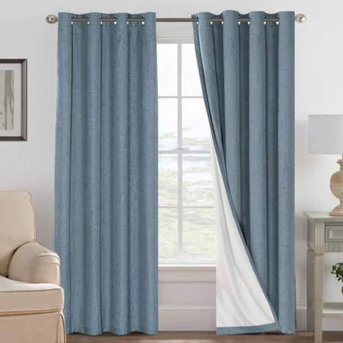 H.VERSAILTEX Linen Blackout Curtains 108 Inches Long 100% Blackout Thermal Insulated Textured Linen Look Curtain Draperies Anti-Rust Grommet, Energy Saving with White Liner, 2 Panels, Stone Blue