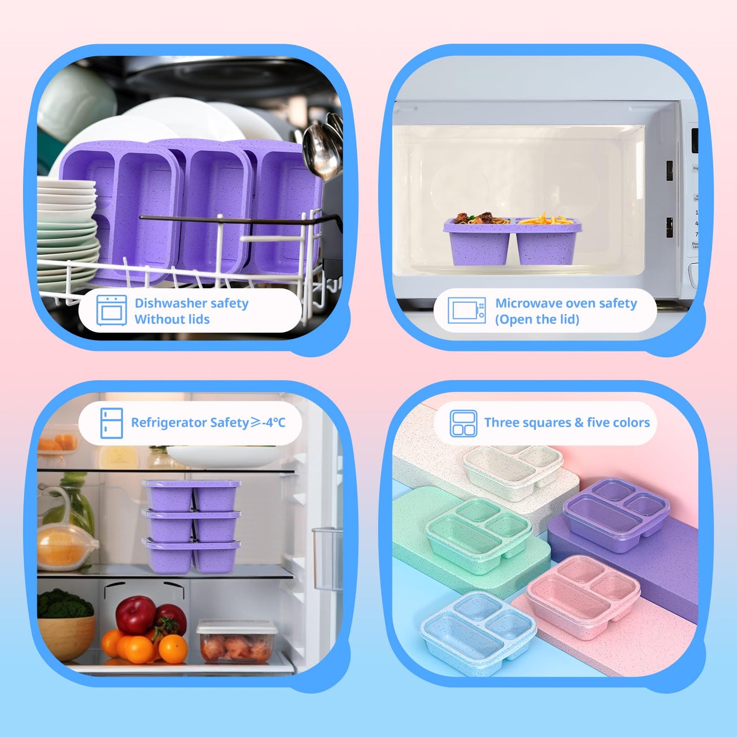 Enstphjoy Snack Boxes (3 Pack) - Stackable Bento Boxes with 3 Compartments, Meal Prep Containers Reusable, Lightweight Lunch Containers for Kids and Adults, BPA Free (Purple)